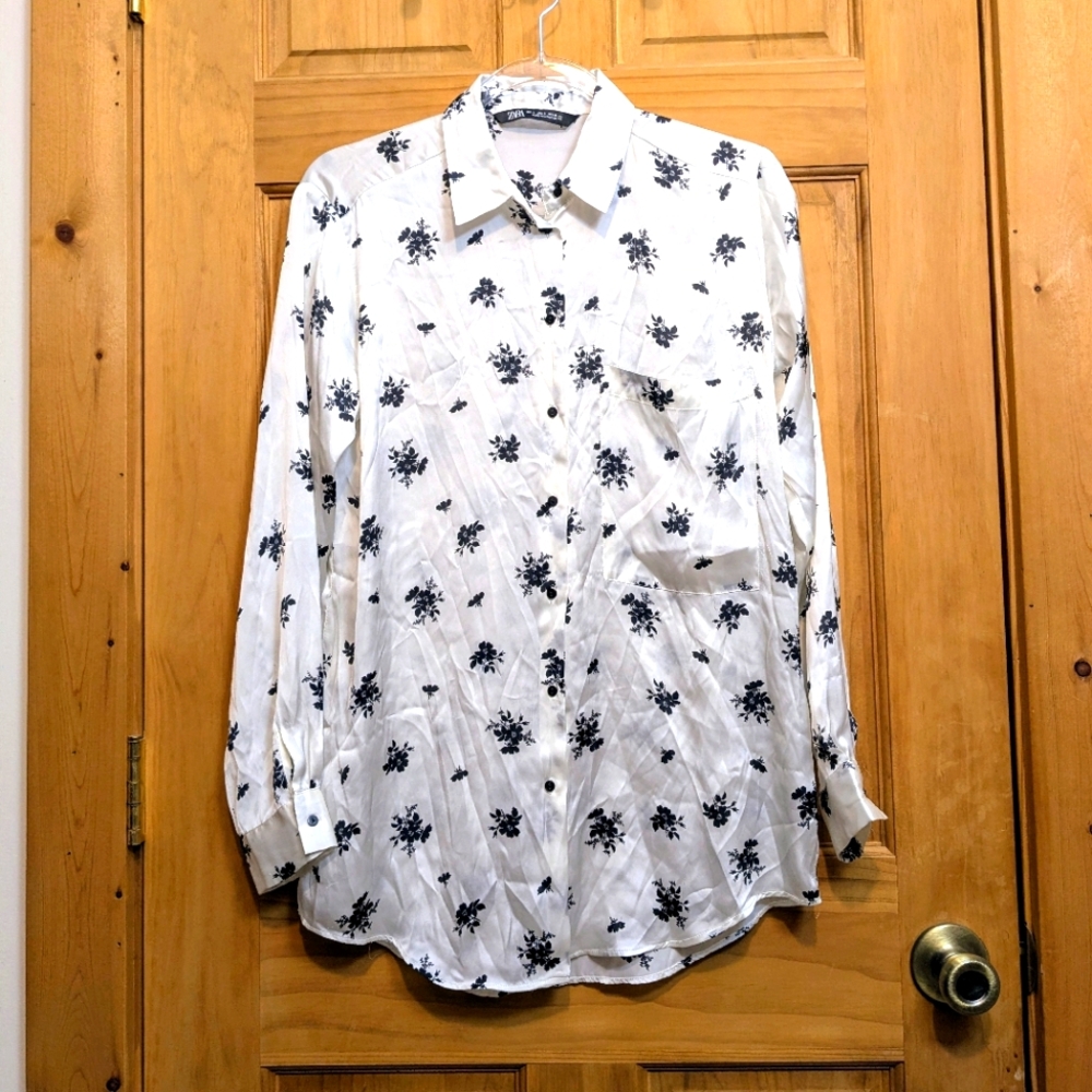 Zara White Black Floral Button LS Top Blouse Oversized Soft Women SM Classic